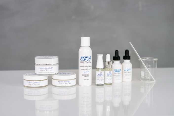 Michele Corley Clinical Skin Care cleansers, serums, masks, and moisturizers.